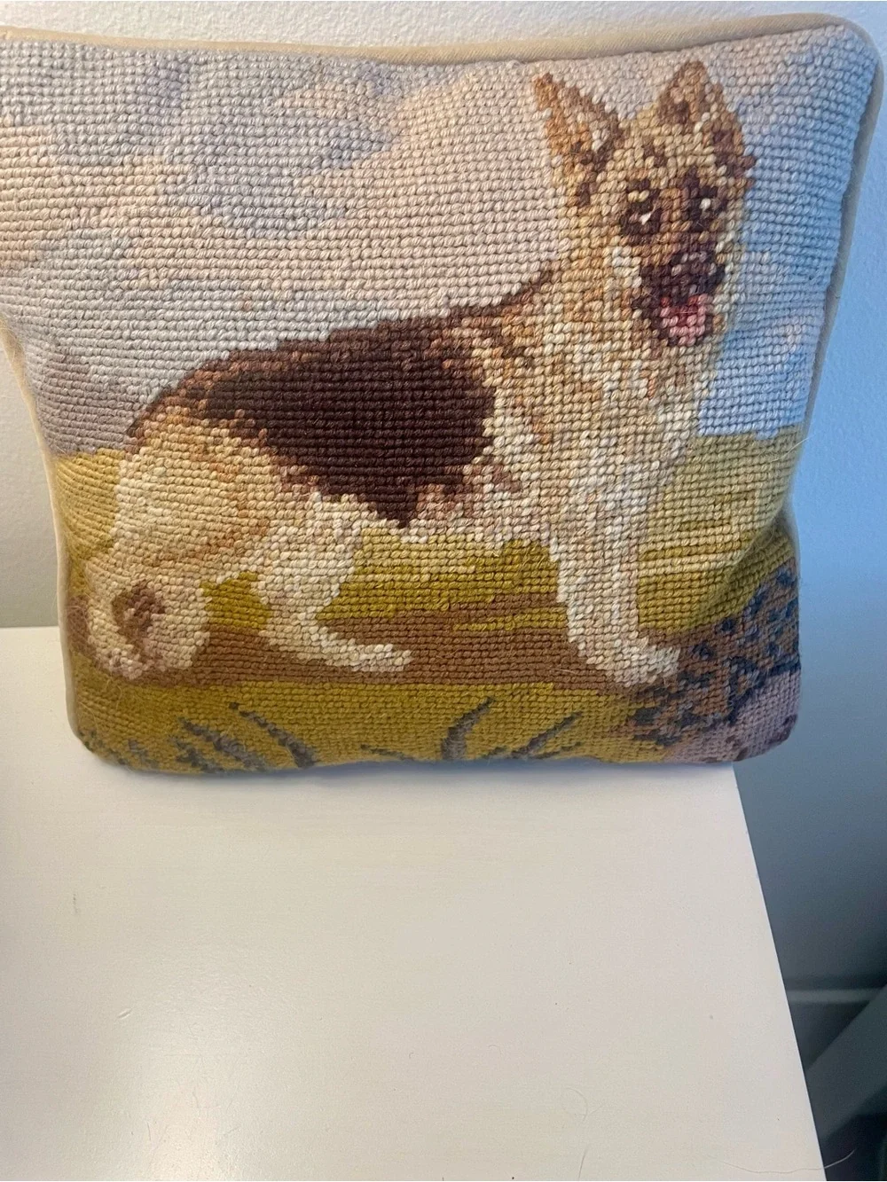 German Shepard Pillow Needlepoint Tapestry Velvet  Backing 9X 10 inches Vintage